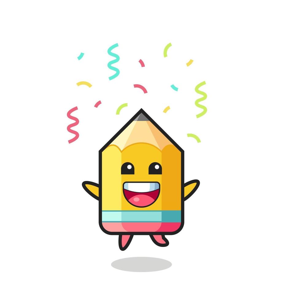 Feliz mascota lápiz saltando de felicitación con confeti de colores vector