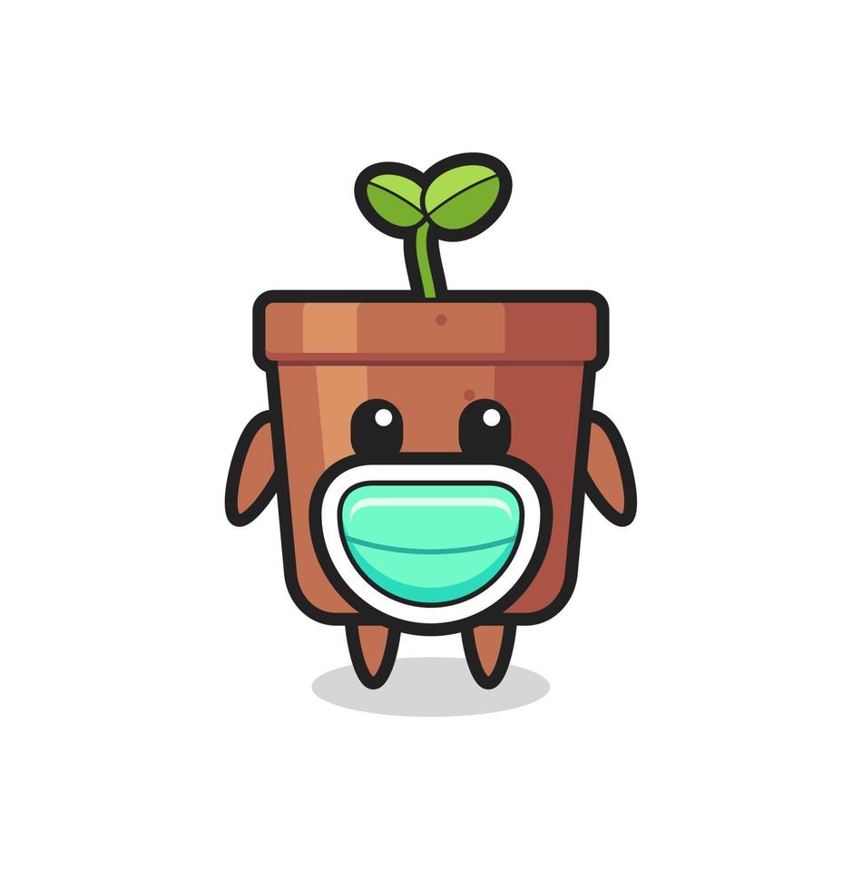 cute plant pot cartoon wearing a mask vector