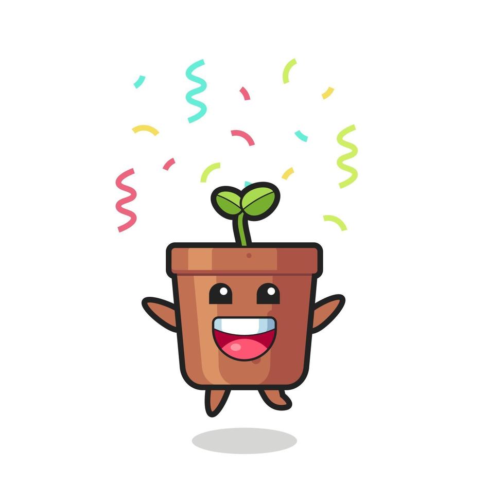 happy plant pot mascot jumping for congratulation with colour confetti vector