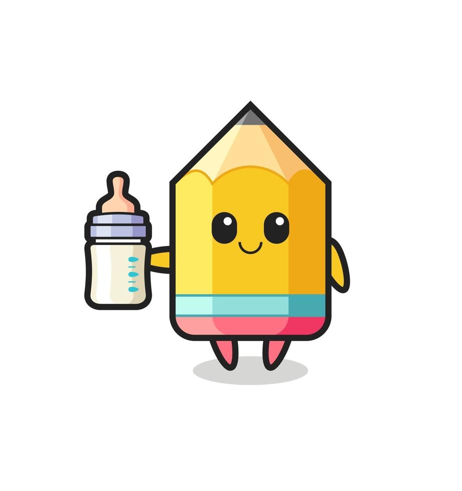 baby pencil cartoon character with milk bottle vector