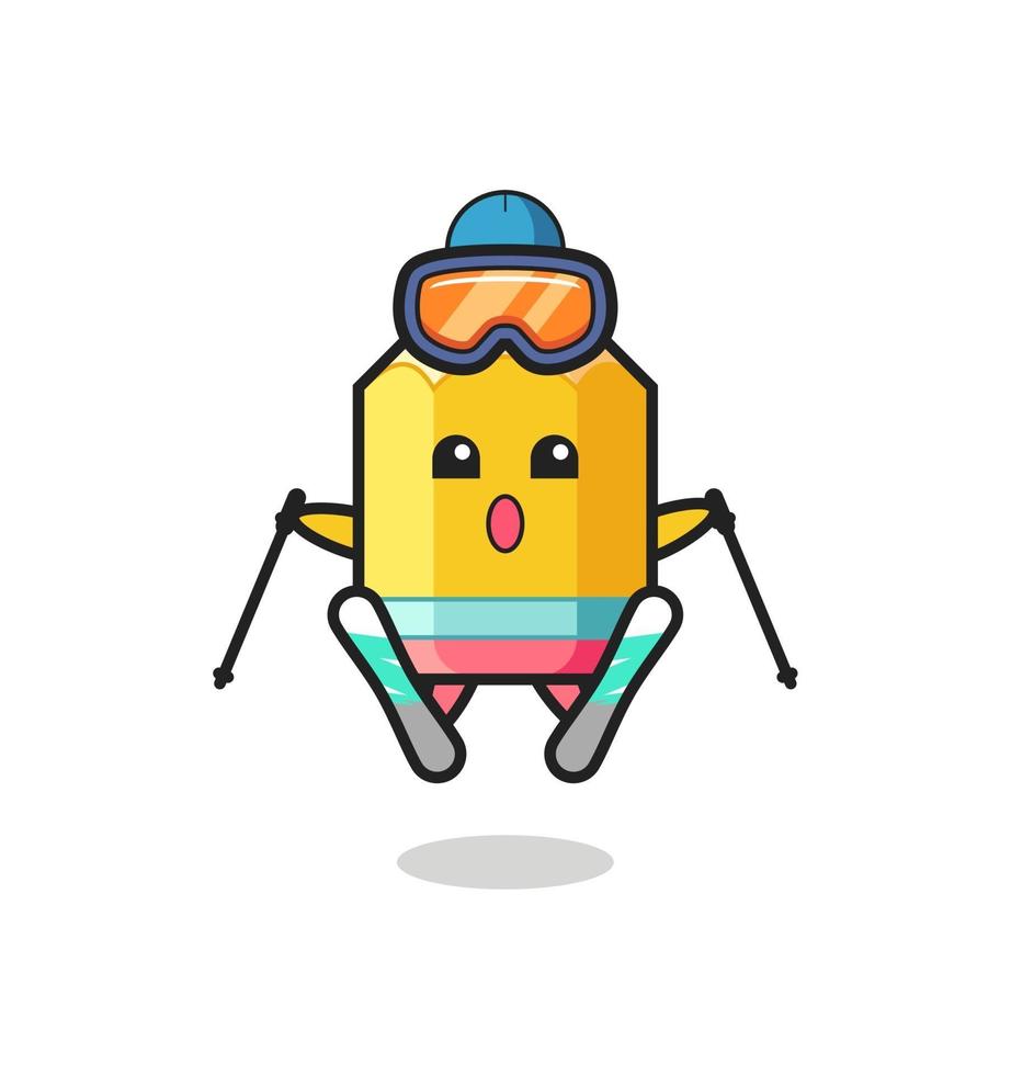 Personaje de mascota lápiz como jugador de esquí. vector