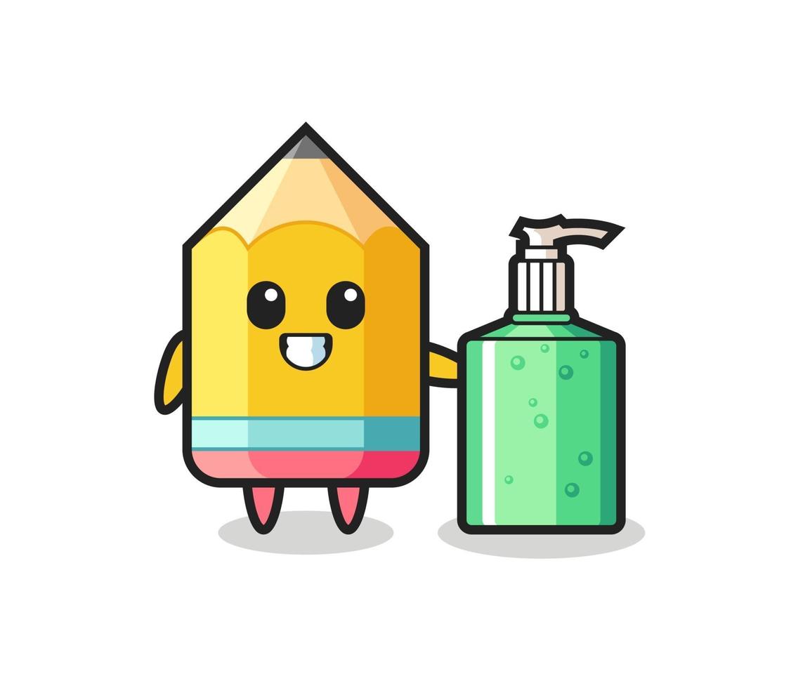 cute pencil cartoon with hand sanitizer vector