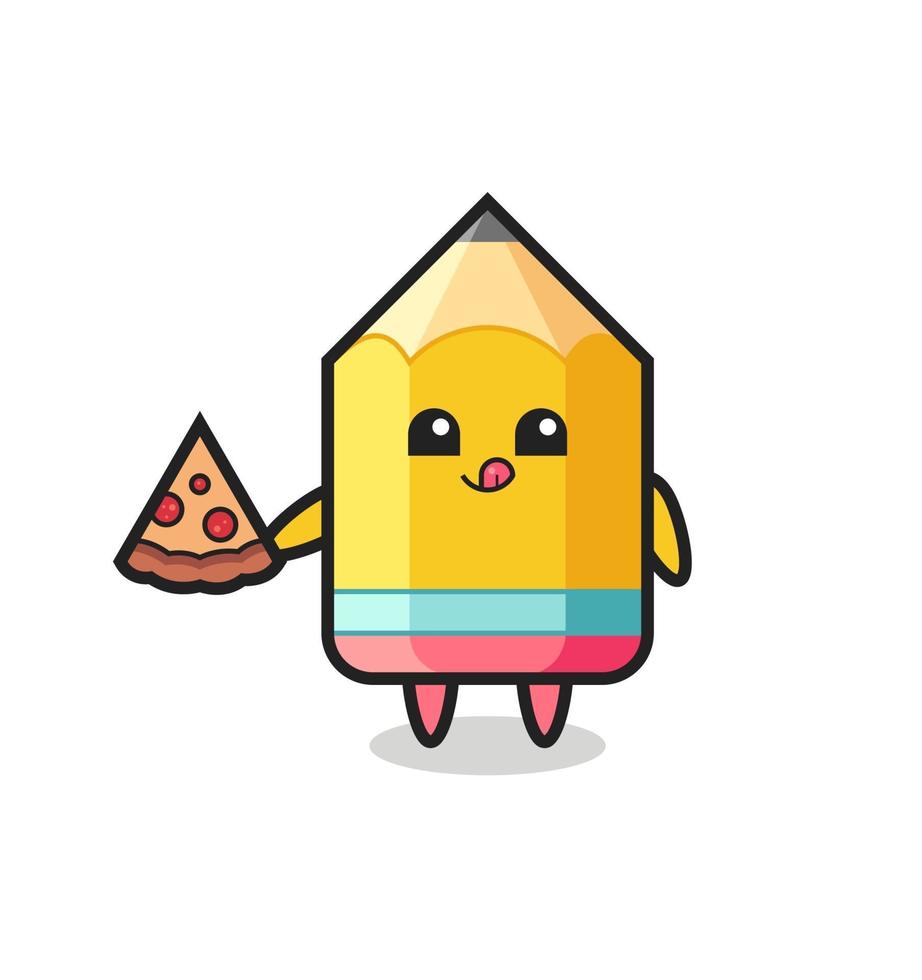 cute pencil cartoon eating pizza vector