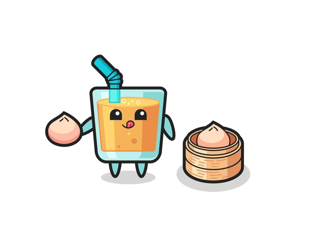 cute orange juice character eating steamed buns vector