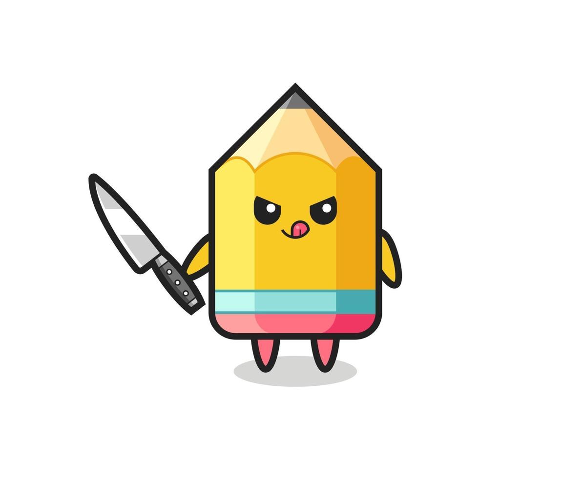 cute pencil mascot as a psychopath holding a knife vector