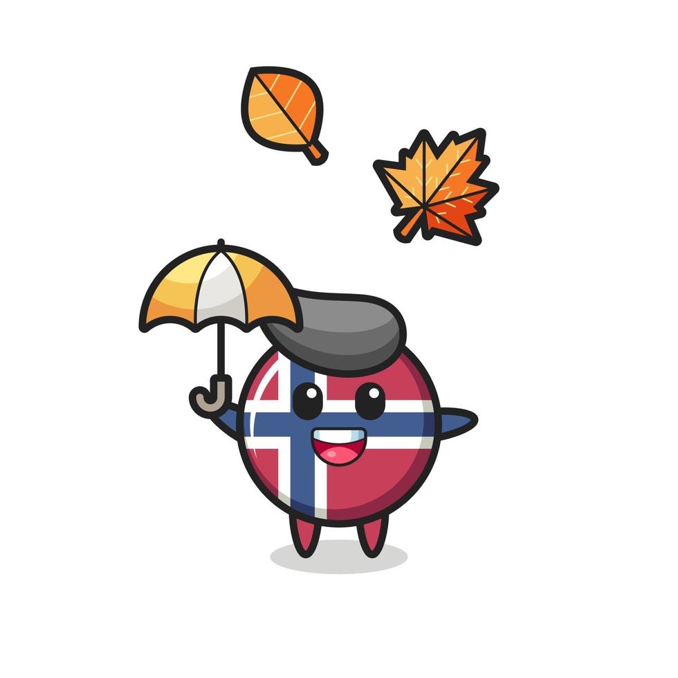 caricatura de la linda insignia de la bandera de noruega sosteniendo un paraguas en otoño vector