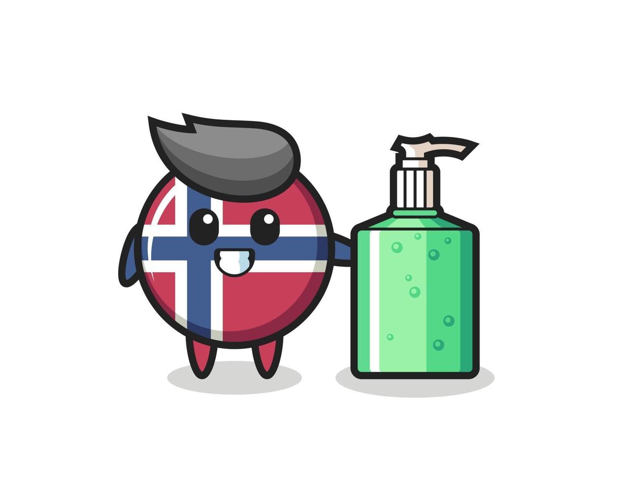 Cute dibujos animados de la insignia de la bandera de noruega con desinfectante de manos vector