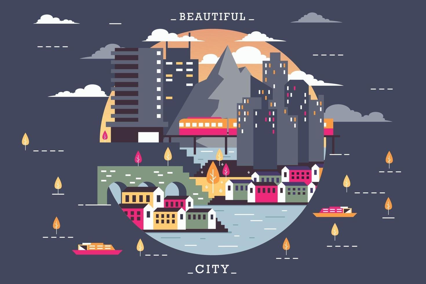 Vector illustration of night in town, flat design concept