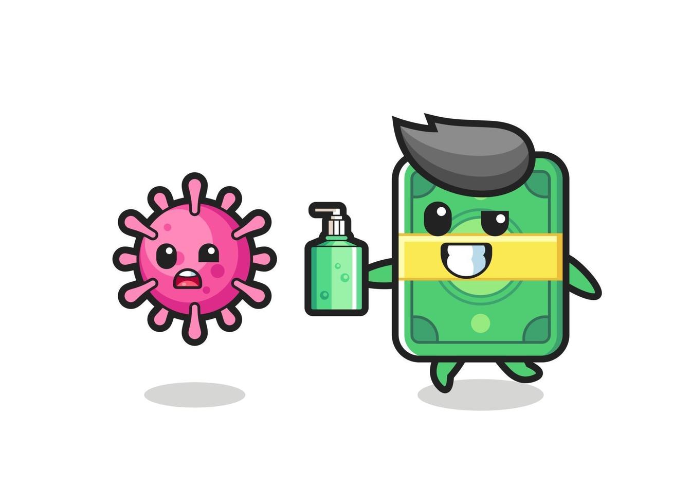 Ilustración de personaje de dinero persiguiendo virus maligno con desinfectante de manos vector