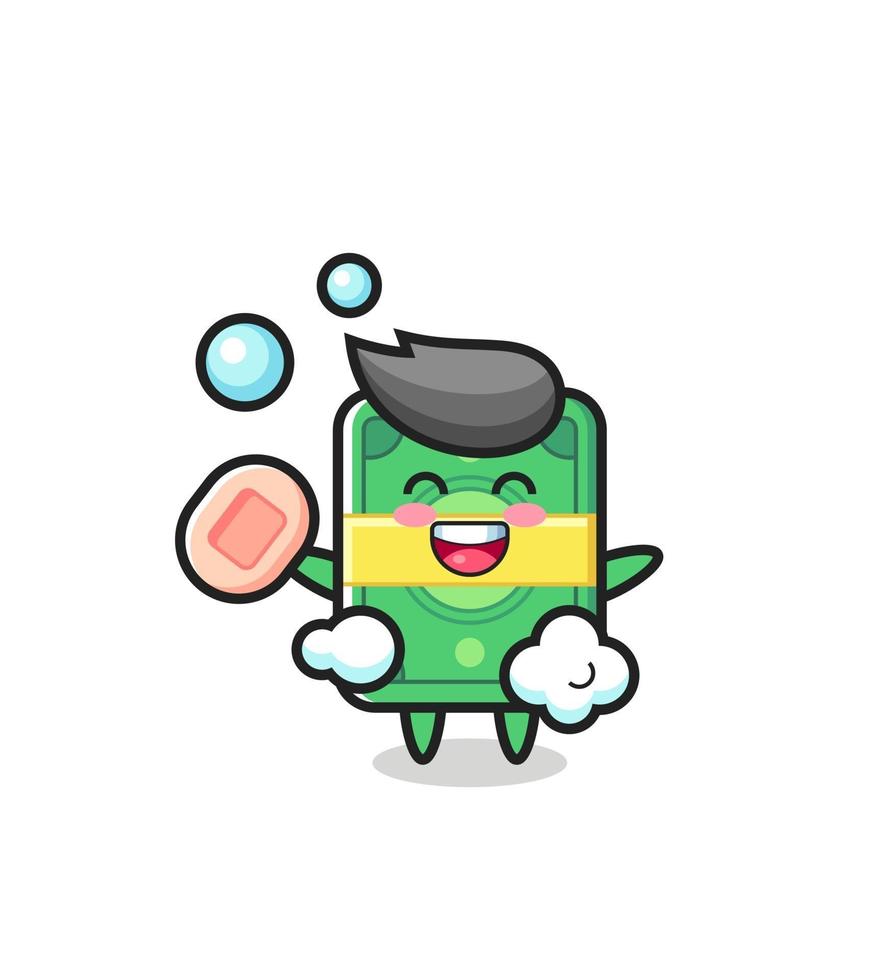 money character is bathing while holding soap vector