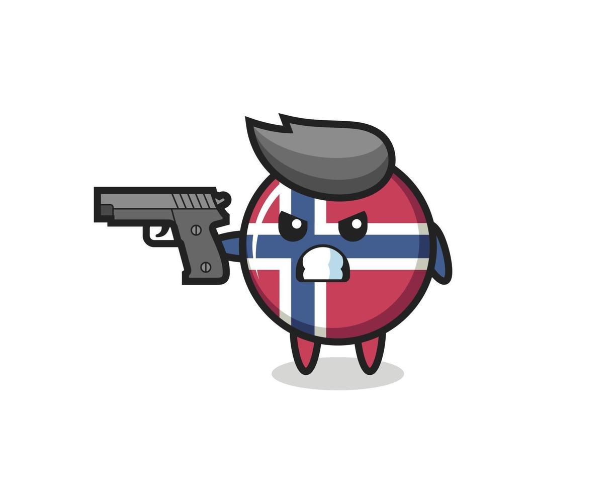 el lindo personaje de la insignia de la bandera de noruega dispara con una pistola vector