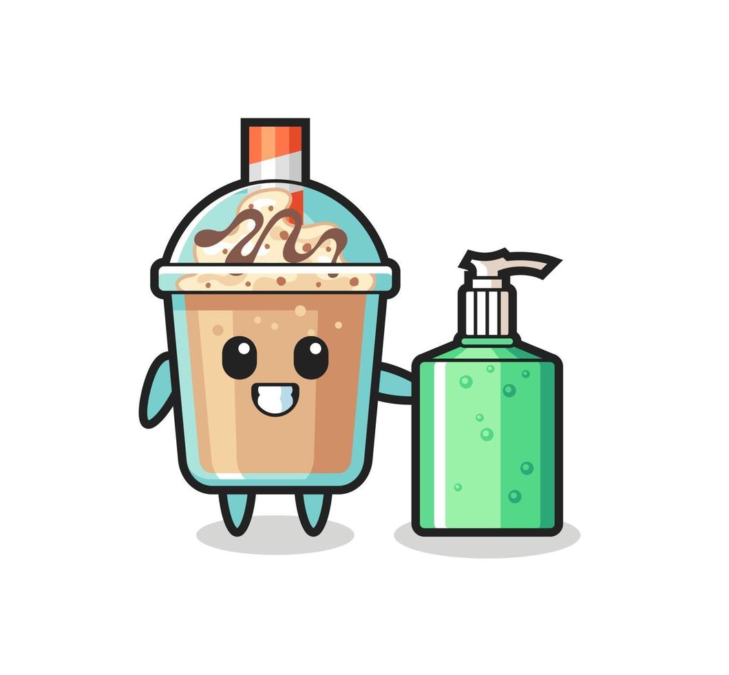 cute milkshake cartoon with hand sanitizer vector