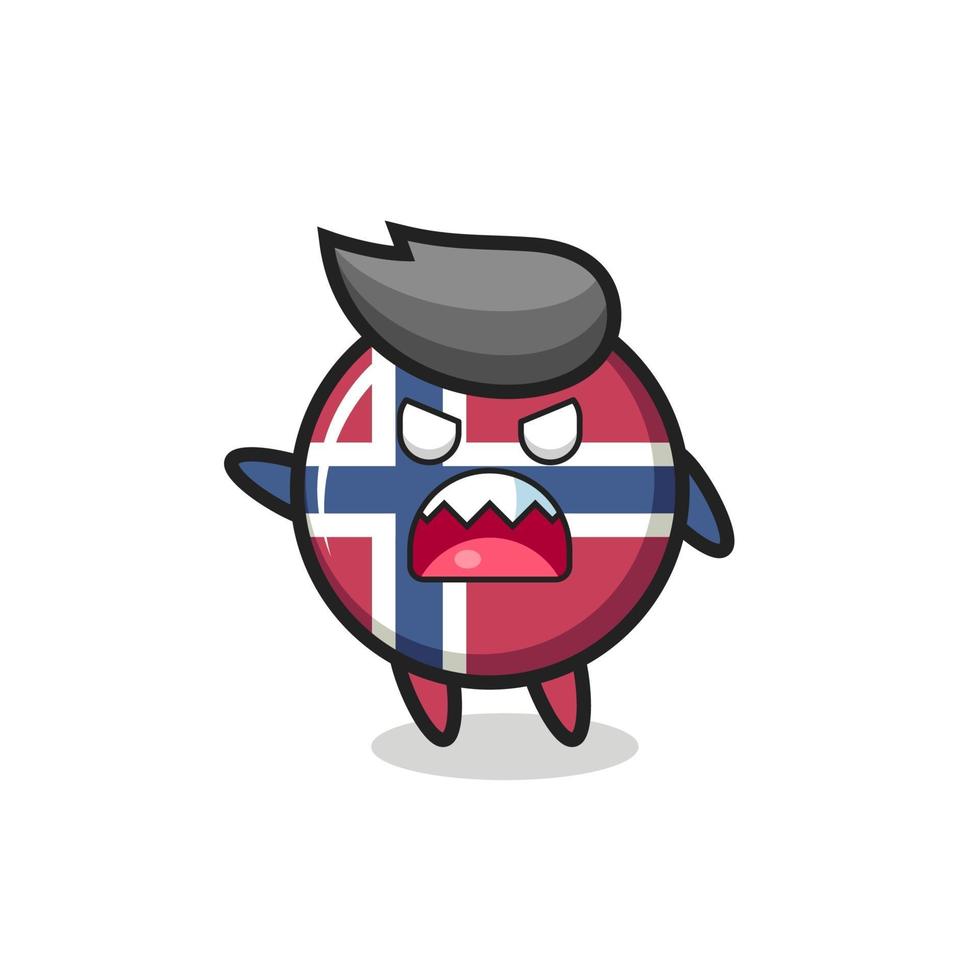 Cute dibujos animados de la insignia de la bandera de noruega en una pose muy enojada vector