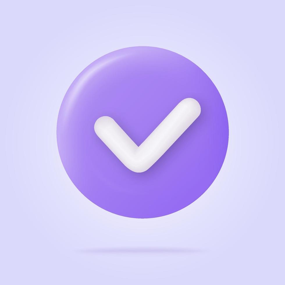 Check mark icon in trendy 3d style on blue button. White checkmark vector