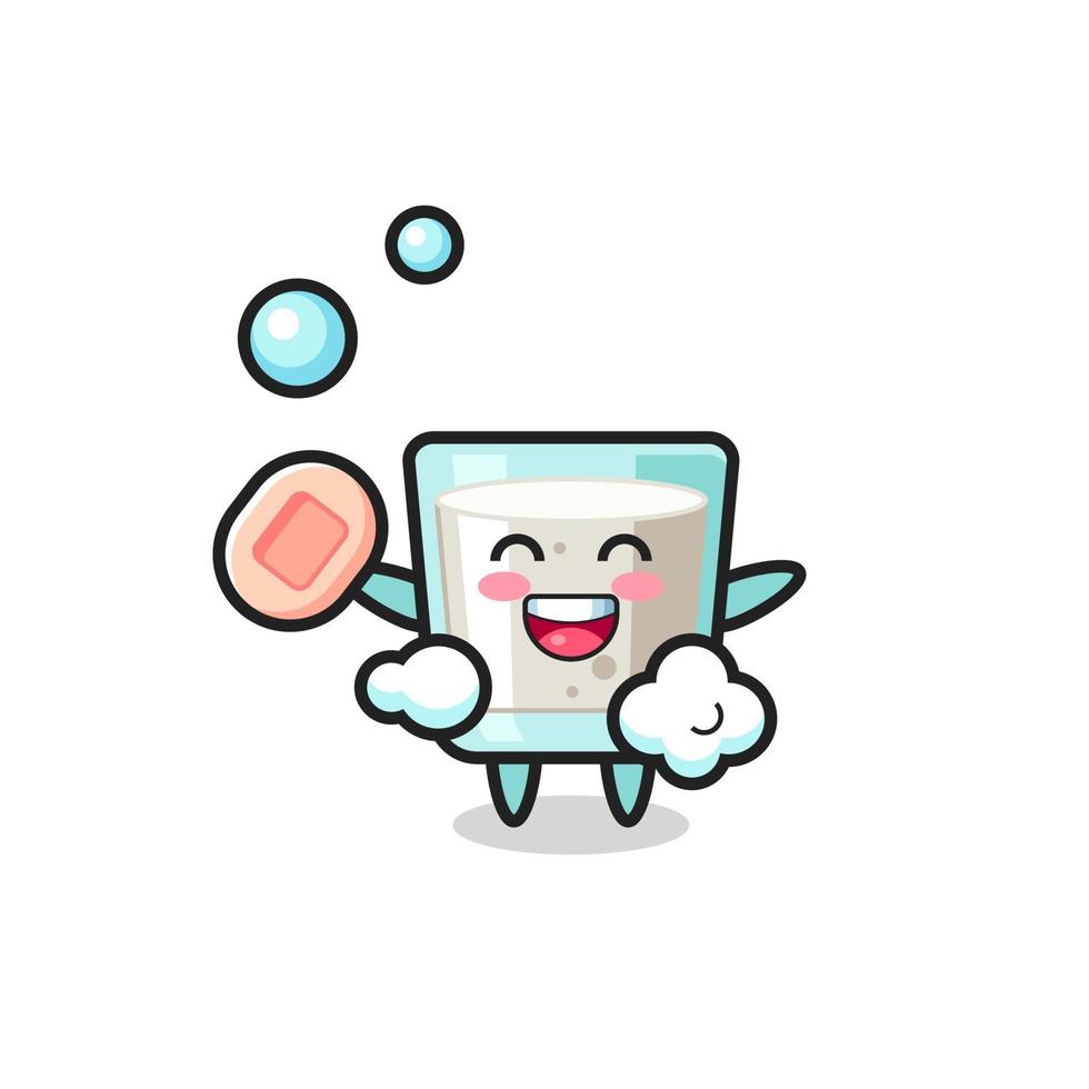 milk character is bathing while holding soap vector