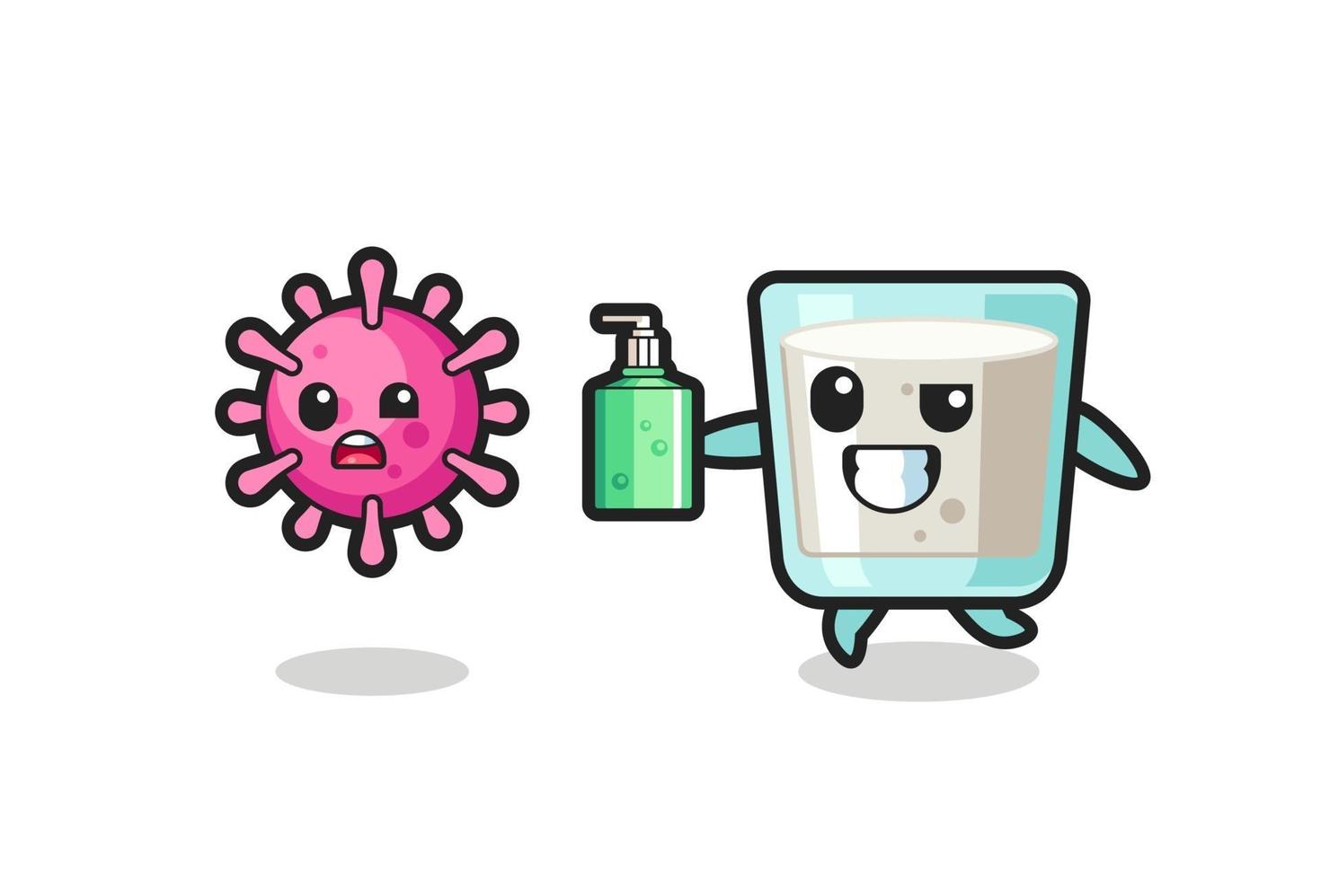 illustration of milk character chasing evil virus with hand sanitizer vector