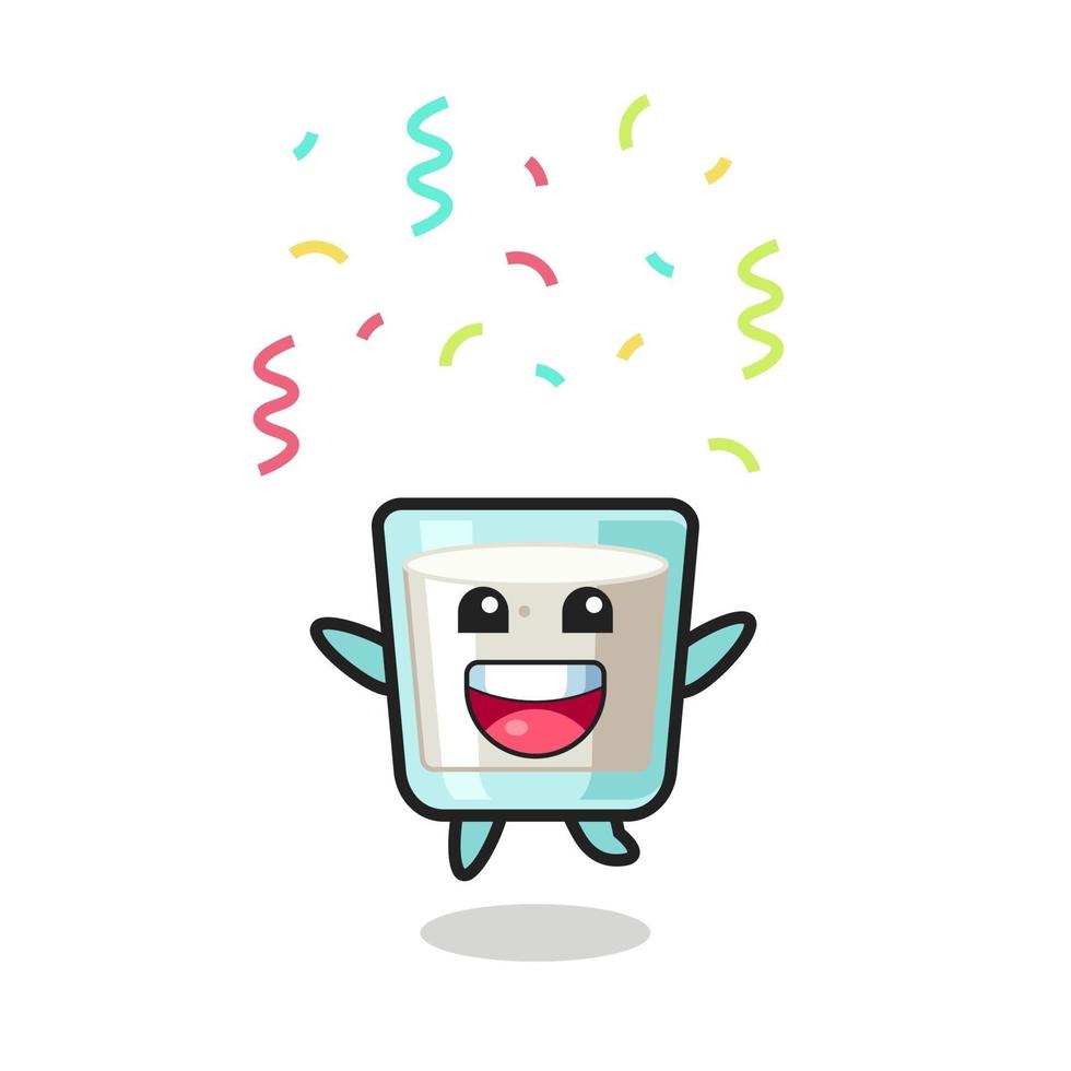 happy milk mascot jumping for congratulation with colour confetti vector