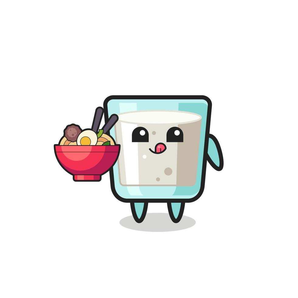 cute milk character eating noodles vector