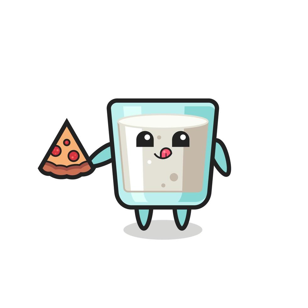 cute milk cartoon eating pizza vector