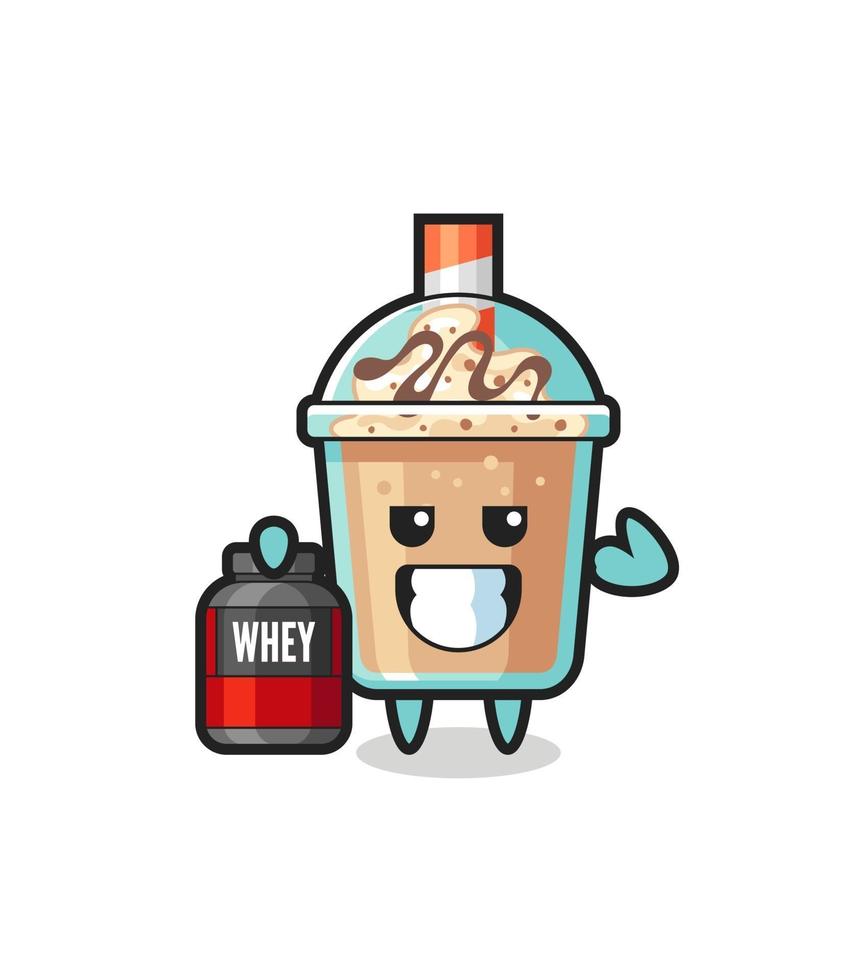 the muscular milkshake character is holding a protein supplement vector