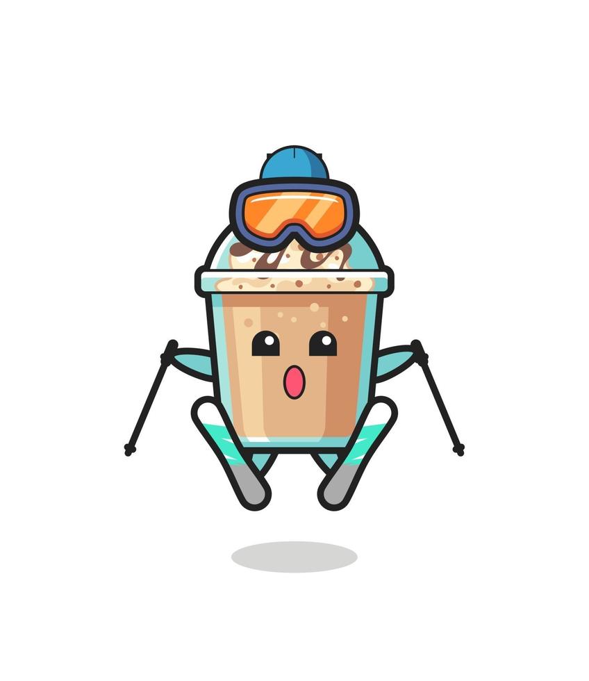 Personaje de mascota de batido como jugador de esquí. vector