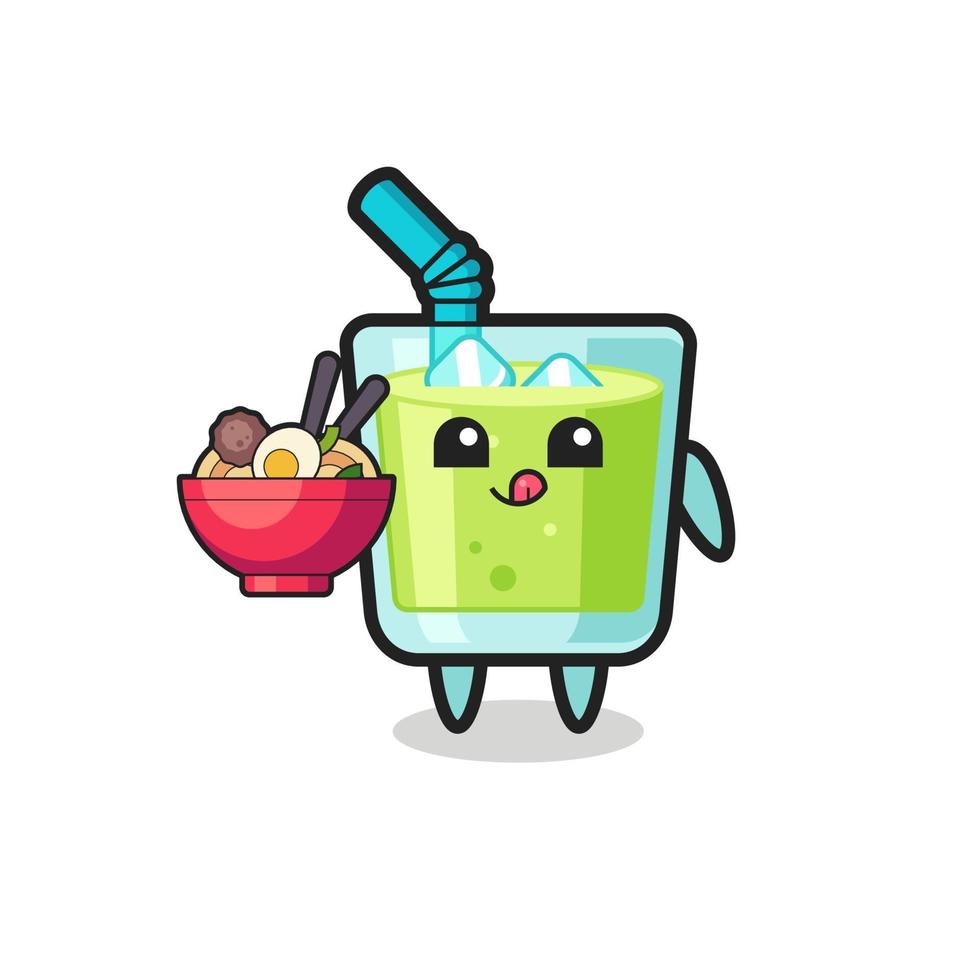 lindo personaje de jugo de melón comiendo fideos vector