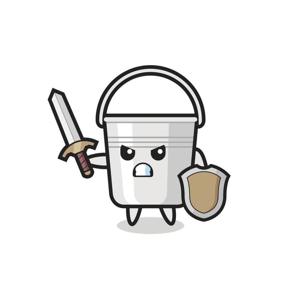 cute metal bucket soldier fighting with sword and shield vector