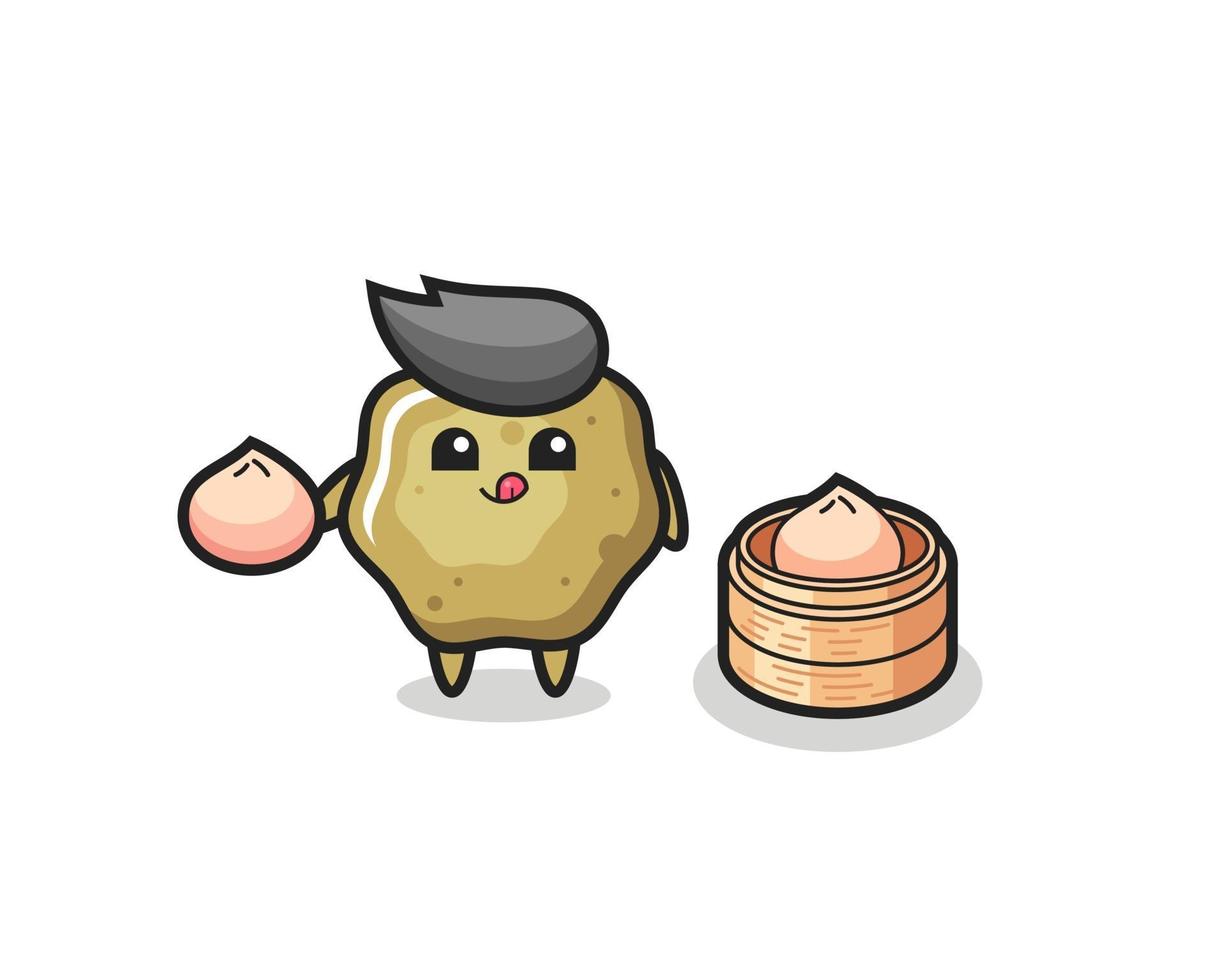 cute loose stools character eating steamed buns vector
