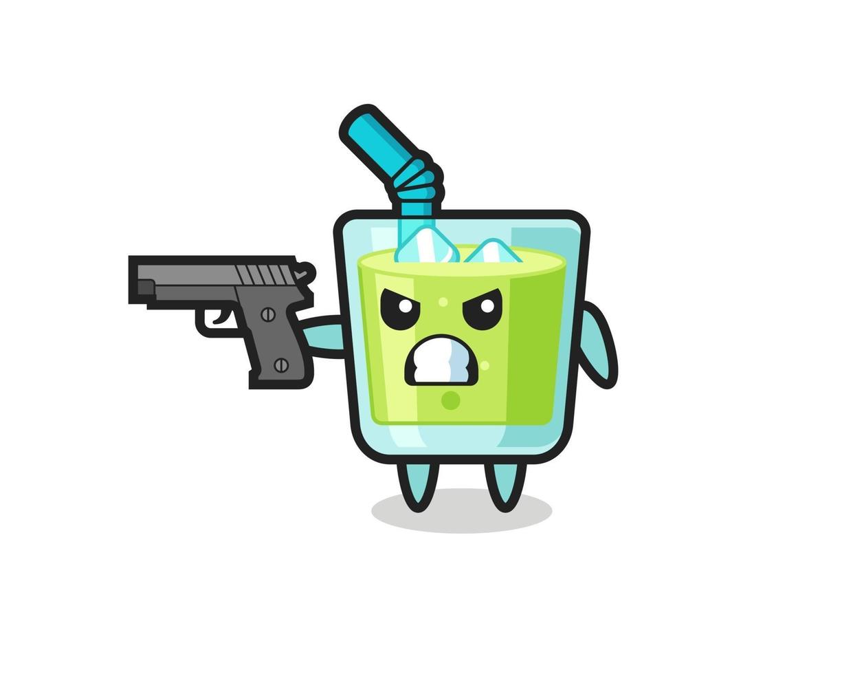 el lindo personaje de jugo de melón dispara con una pistola vector