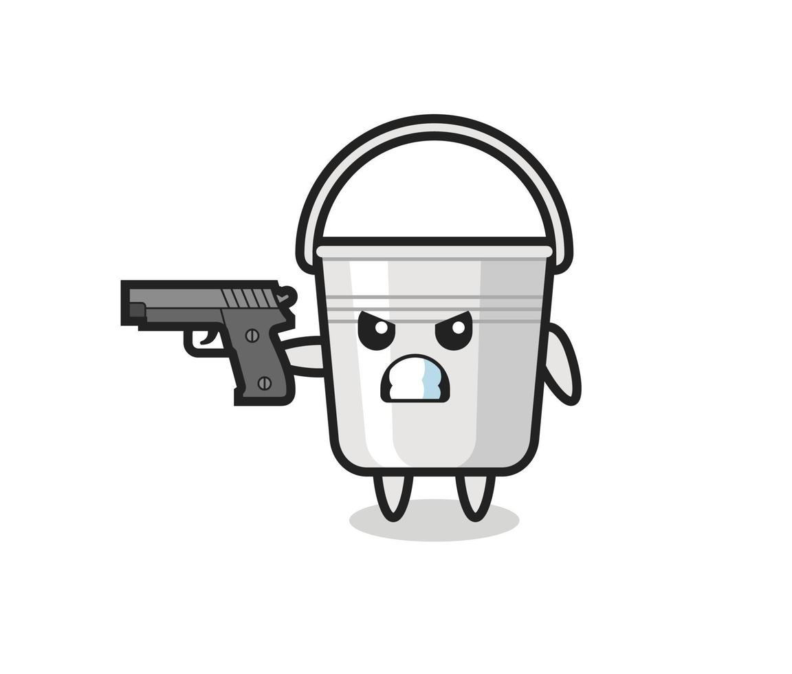 the cute metal bucket character shoot with a gun vector