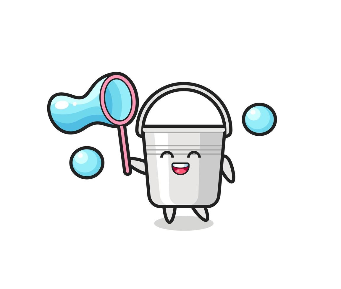 happy metal bucket cartoon playing soap bubble vector