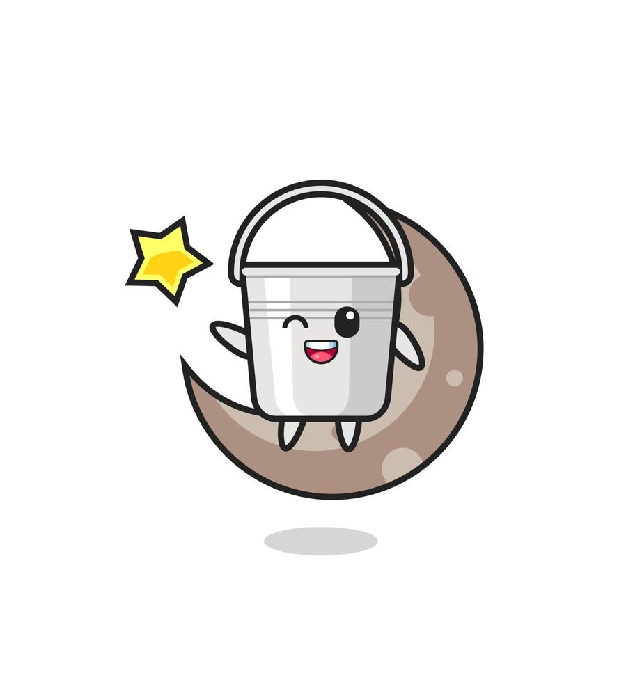 illustration of metal bucket cartoon sitting on the half moon vector