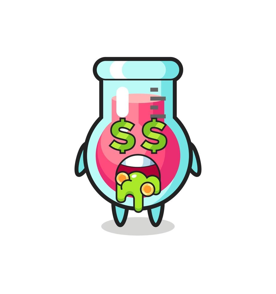 Personaje de vaso de laboratorio con una expresión de locura por el dinero. vector