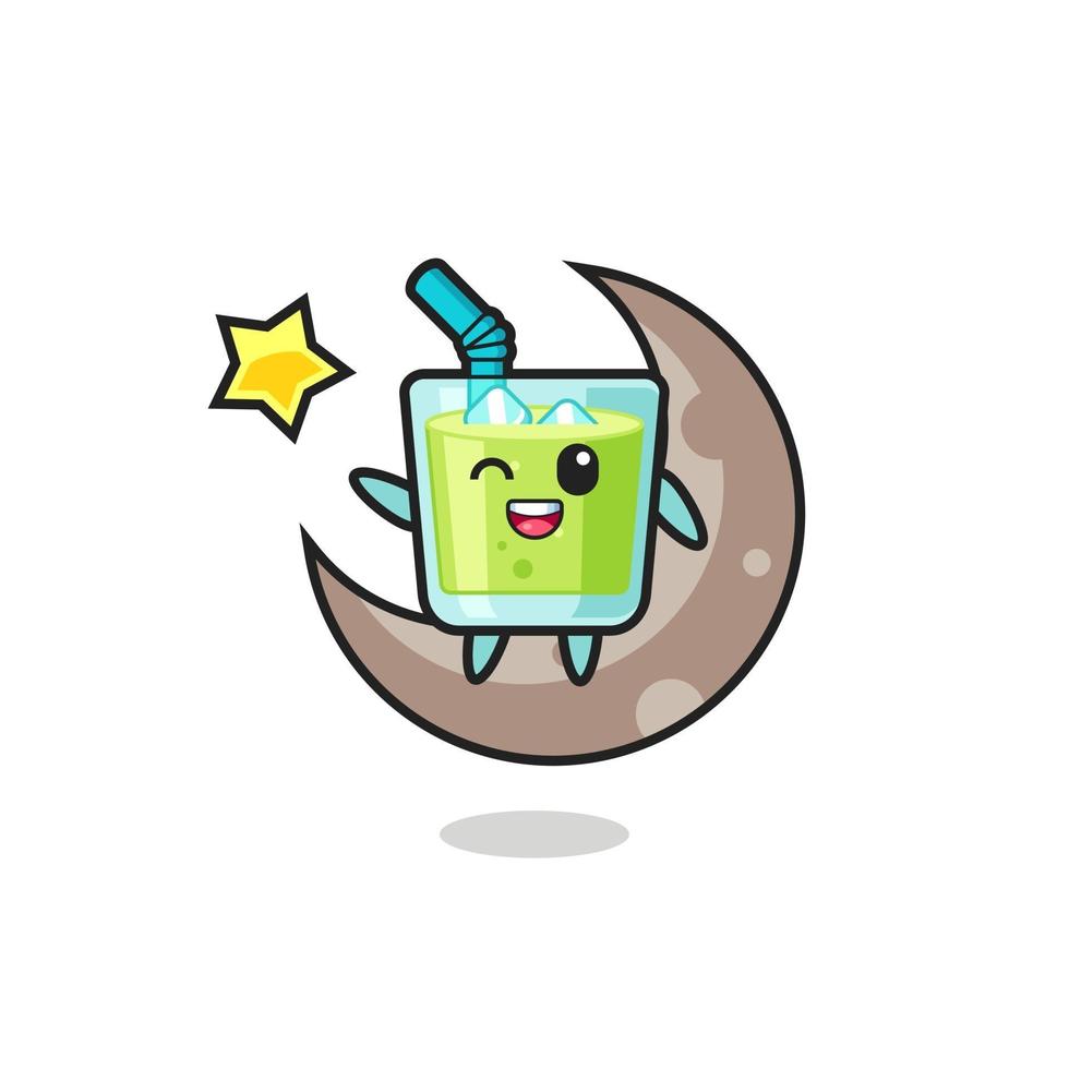 illustration of melon juice cartoon sitting on the half moon vector