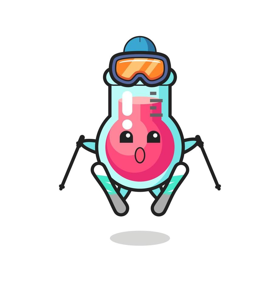 Personaje de mascota de vaso de laboratorio como jugador de esquí. vector