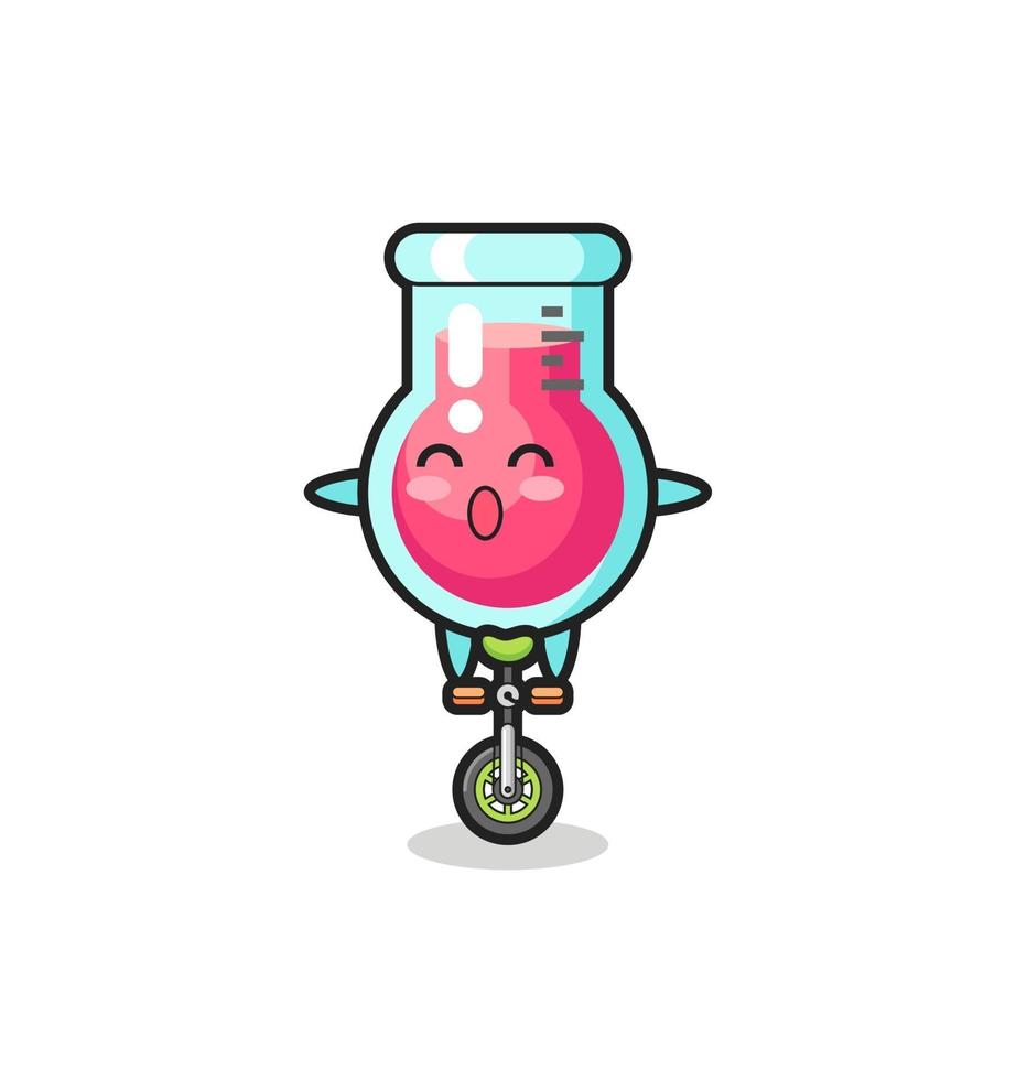 el lindo personaje del vaso de laboratorio está montando una bicicleta de circo vector