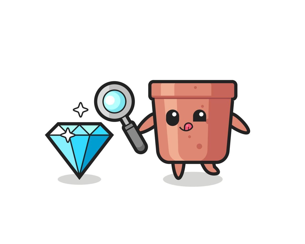 flowerpot mascot is checking the authenticity of a diamond vector