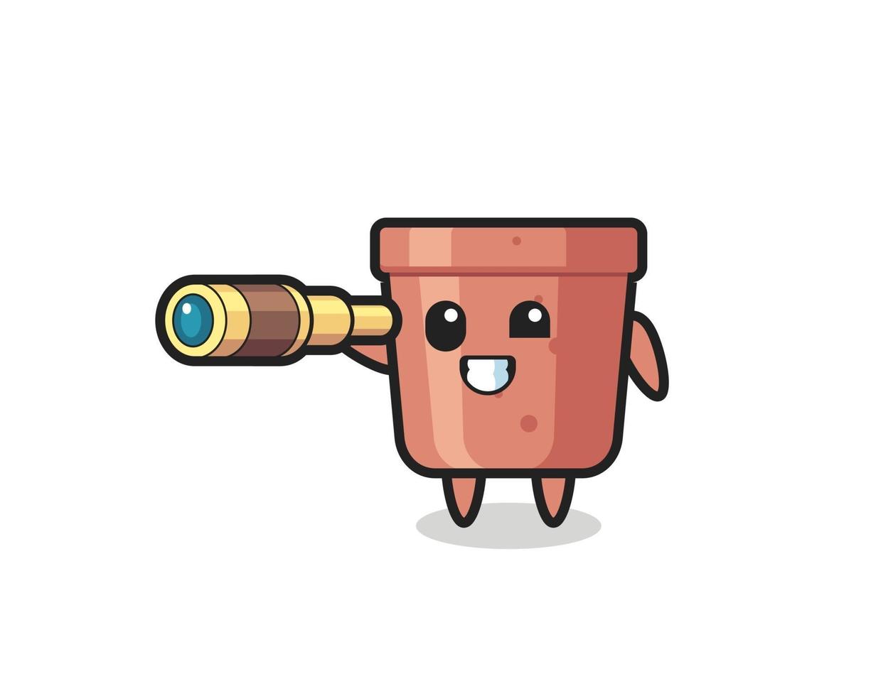 cute flowerpot character is holding an old telescope vector