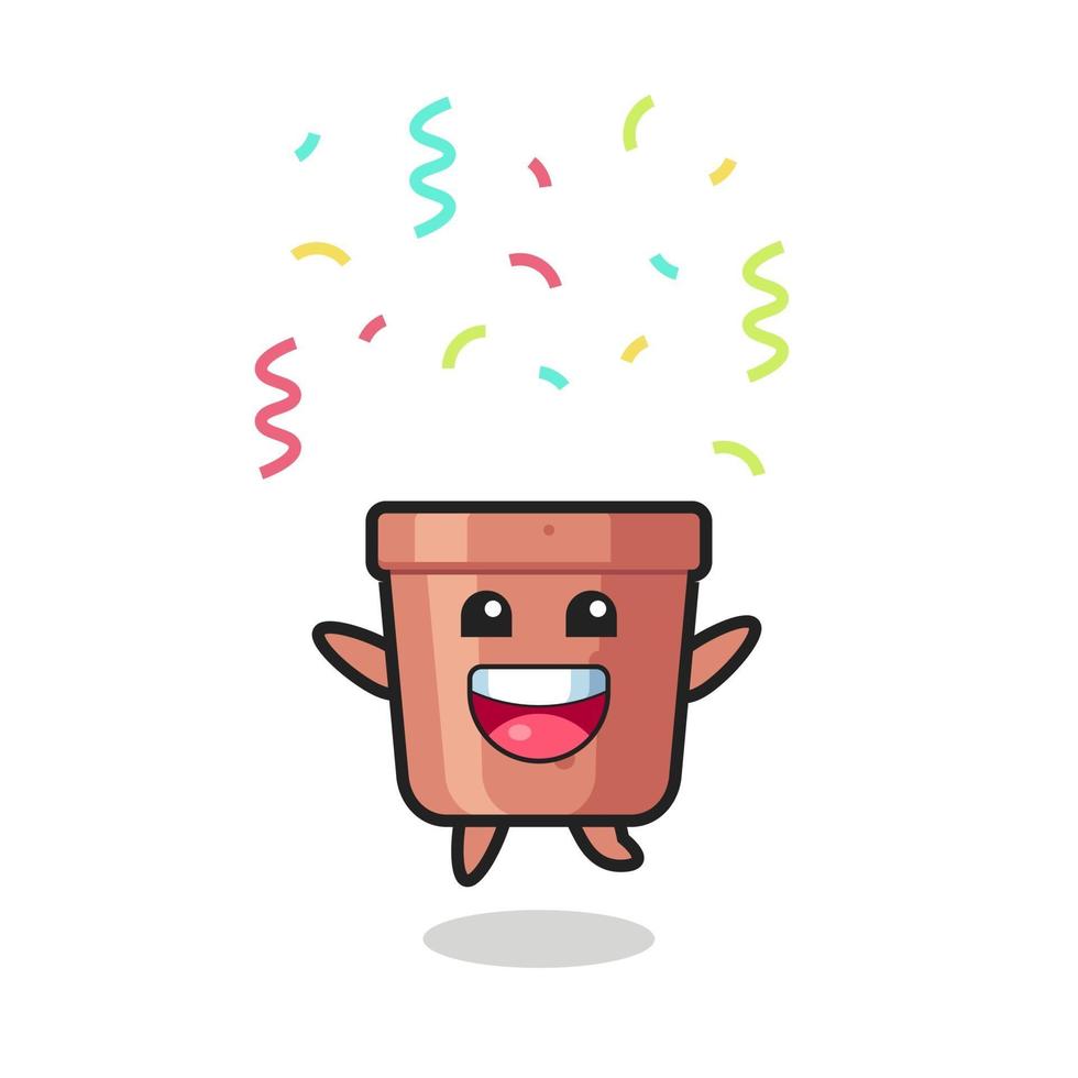 happy flowerpot mascot jumping for congratulation with colour confetti vector