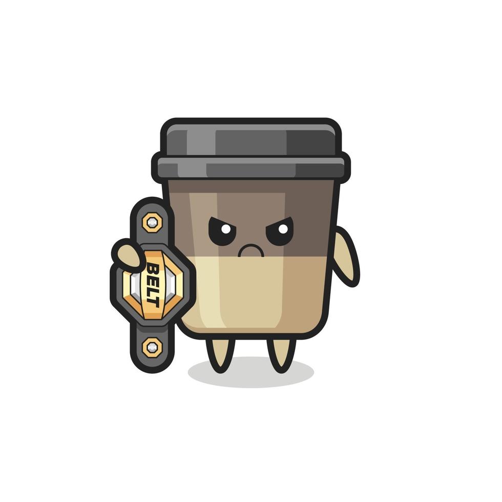 personaje de la mascota de la taza de café como un luchador de mma con el cinturón de campeón vector