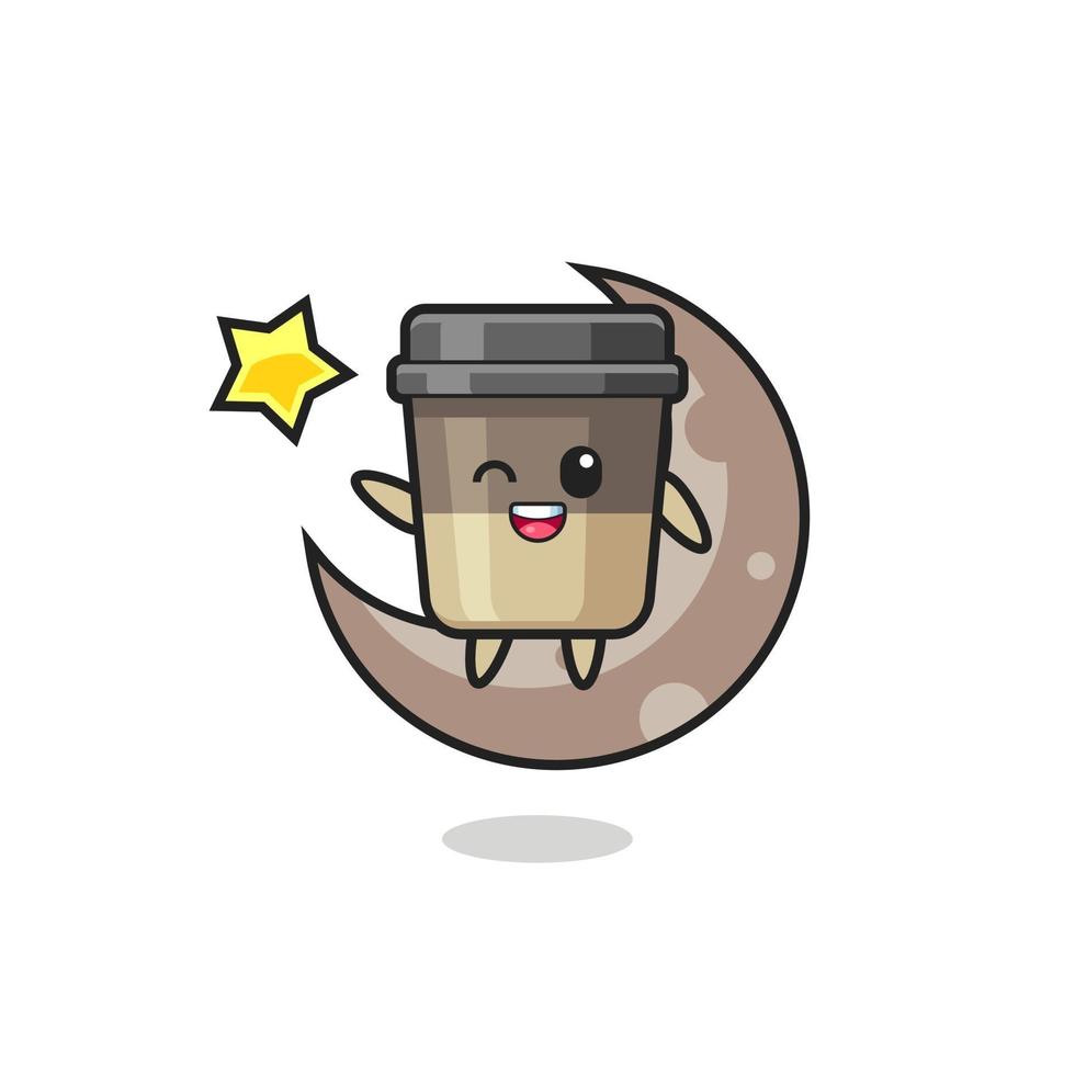 illustration of coffee cup cartoon sitting on the half moon vector