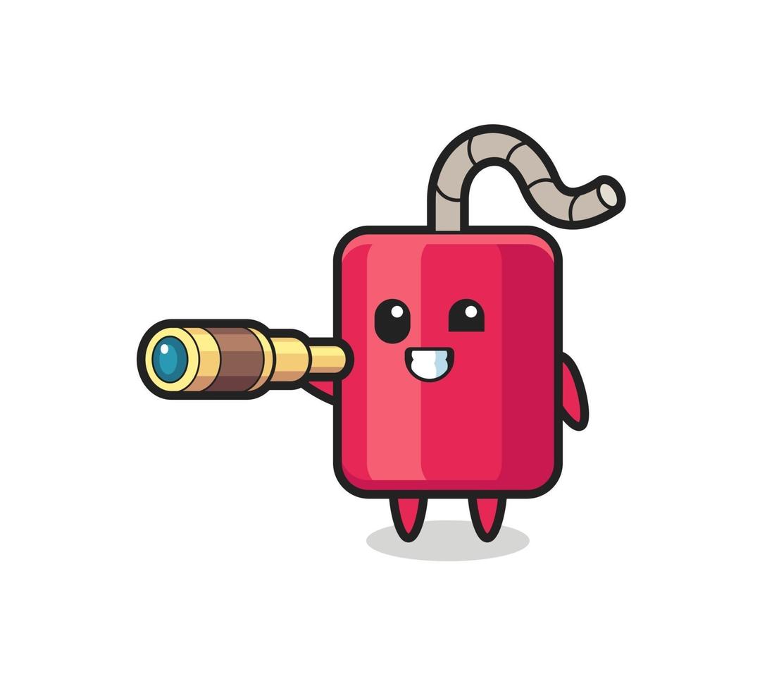 cute dynamite character is holding an old telescope vector