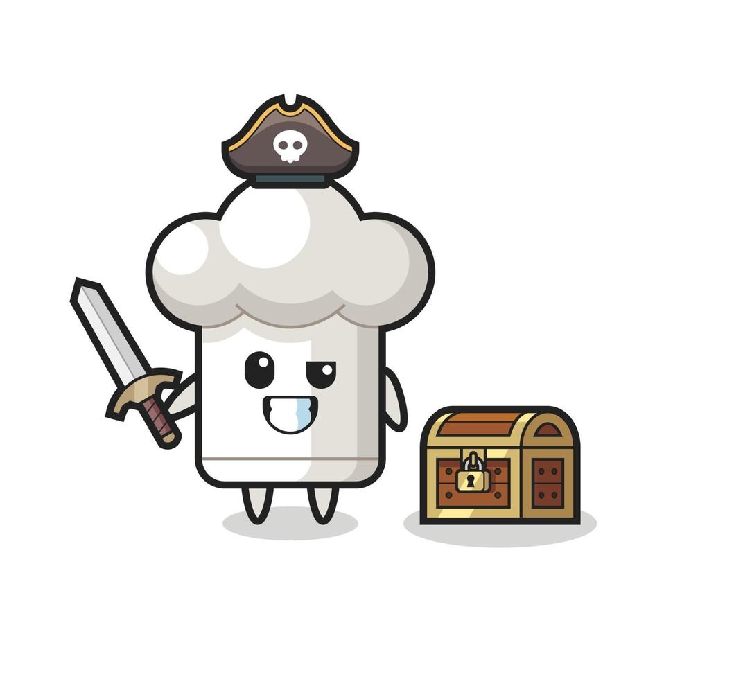 the chef hat pirate character holding sword beside a treasure box vector