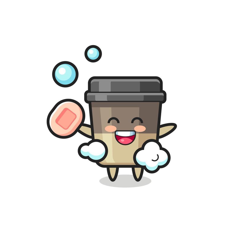 coffee cup character is bathing while holding soap vector