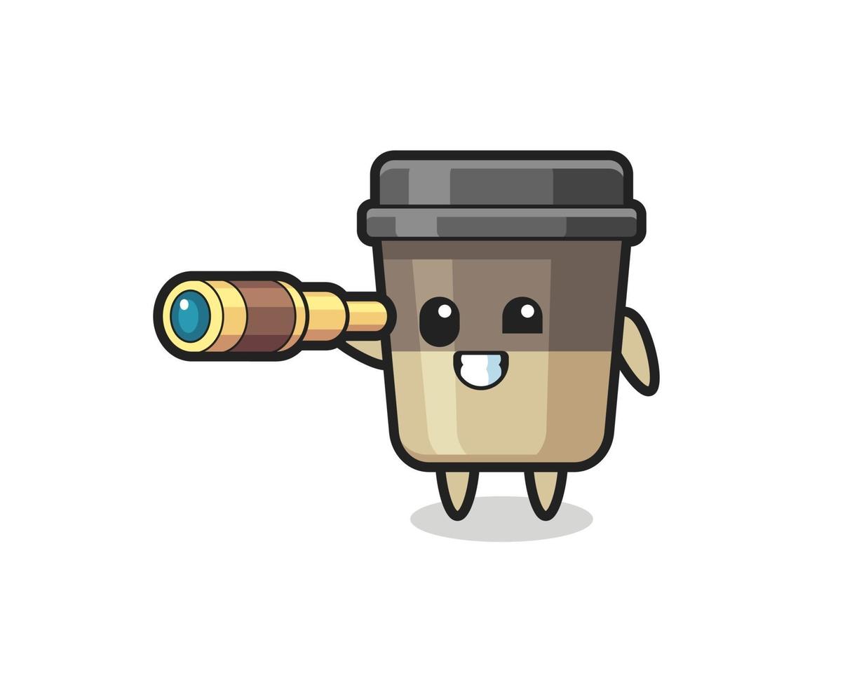 cute coffee cup character is holding an old telescope vector