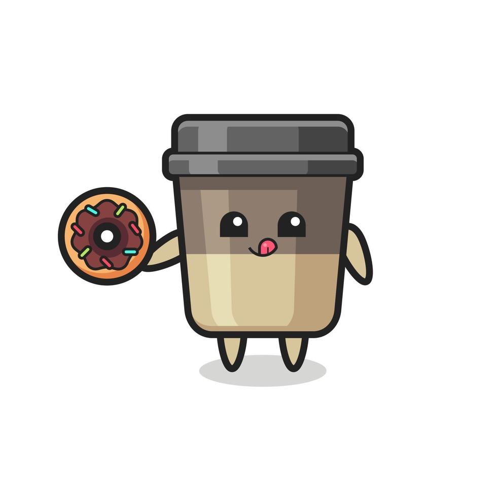 illustration of an coffee cup character eating a doughnut vector