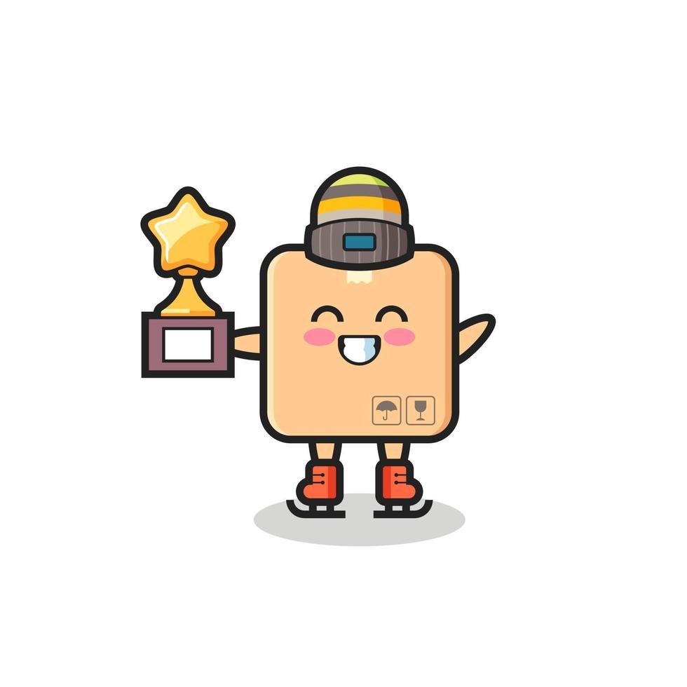 cardboard box cartoon as an ice skating player hold winner trophy vector