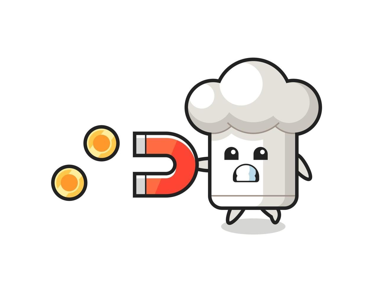 the character of chef hat hold a magnet to catch the gold coins vector