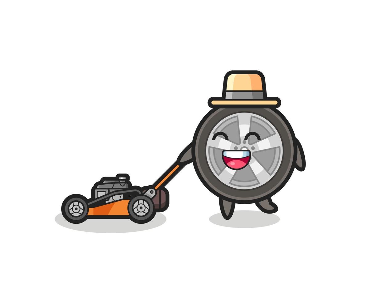 Ilustración del personaje de rueda de coche con cortadora de césped vector