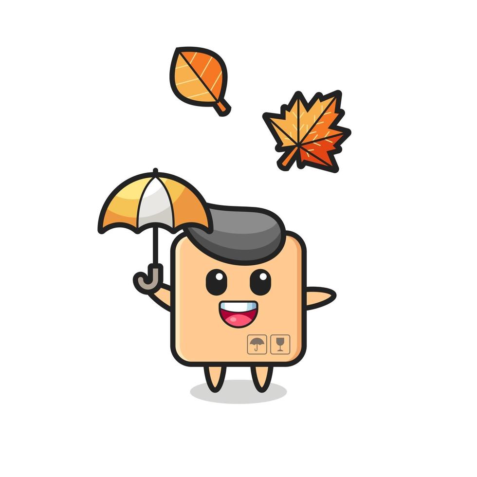 cartoon of the cute cardboard box holding an umbrella in autumn vector